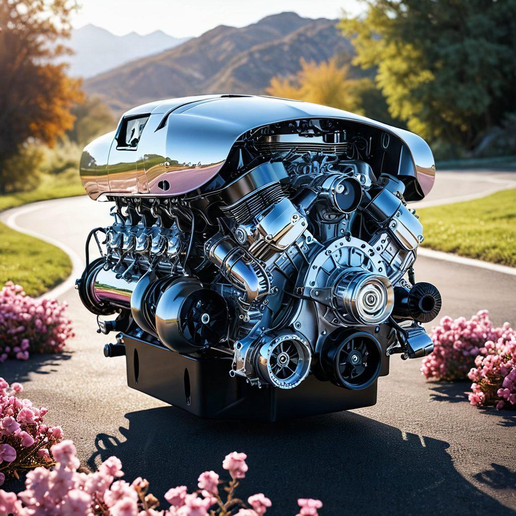 A sleek V12 engine with intricate details glistening in the sunlight, surrounded by a backdrop of romantic elements like soft petals and warm, glowing hearts floating around. The contrast of mechanical precision and soft emotion creates an enchanting atmosphere. A winding racetrack in the distance gives a sense of speed and adventure. super-realistic. vibrant colors. dreamy background.