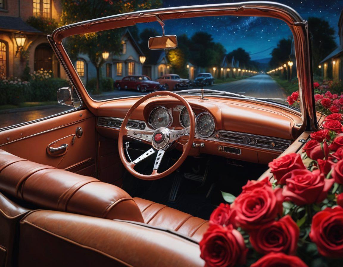 A heart-shaped steering wheel entwined with roses, symbolizing the deep connection between automotive culture and love. The background should feature classic cars under a starry night, casting soft lights that reflect intimacy and passion. Include subtle details like car keys and love letters scattered around, blending romance and machinery. A warm color palette to evoke feelings of nostalgia and connection. vibrant colors. super-realistic.