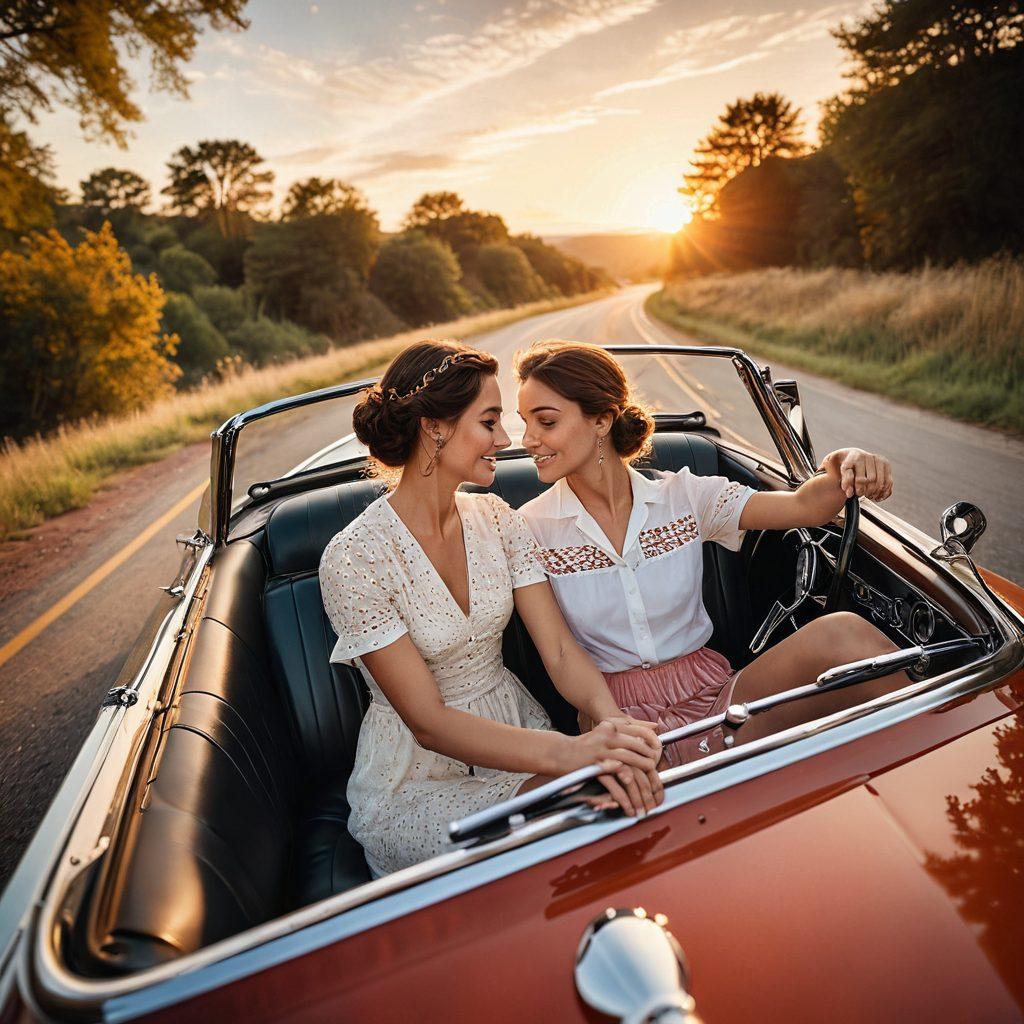 A romantic scene featuring a couple in a vintage car enjoying a sunset drive, surrounded by winding roads and lush landscapes. Their expressions reflect love and joy, with hearts subtly integrated into the scenery. Include elements of performance, like speed gauges and musical notes floating around them, signifying a connection between love and thrill. dreamy, vintage style. warm colors. soft focus.